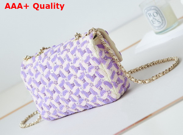 Chanel Small Flap Bag Embroidered Satin Eequins Glass Beads Strass Star Sequins Gold Tone Metal Purple and White Replica