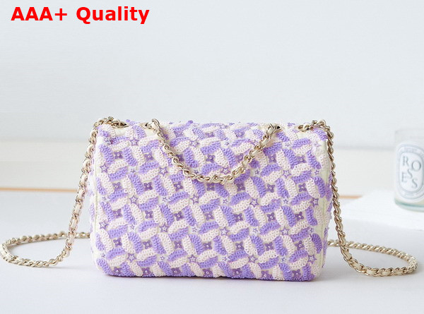 Chanel Small Flap Bag Embroidered Satin Eequins Glass Beads Strass Star Sequins Gold Tone Metal Purple and White Replica