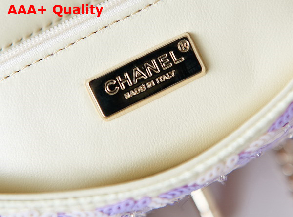 Chanel Small Flap Bag Embroidered Satin Eequins Glass Beads Strass Star Sequins Gold Tone Metal Purple and White Replica