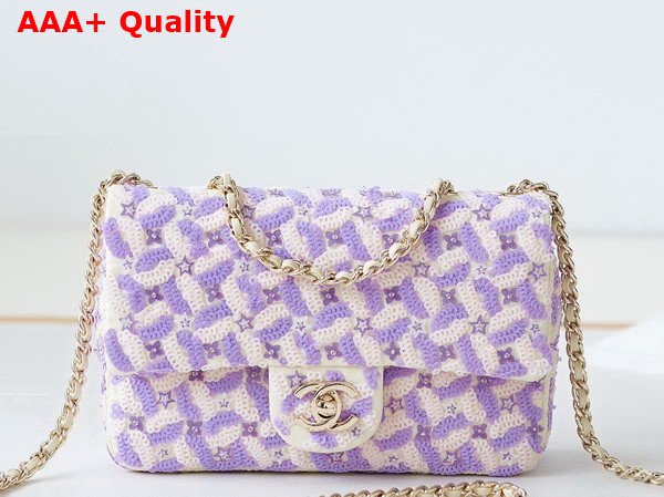 Chanel Small Flap Bag Embroidered Satin Eequins Glass Beads Strass Star Sequins Gold Tone Metal Purple and White Replica