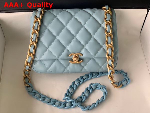 Chanel Small Flap Bag Lambskin Gold Tone Lacquered Metal Light Blue Ref AS3206 Replica