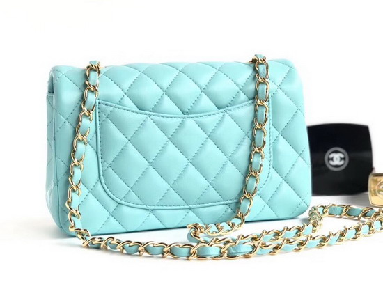 Chanel Small Flap Bag Light Blue Lambskin Gold Tone Metal A01113