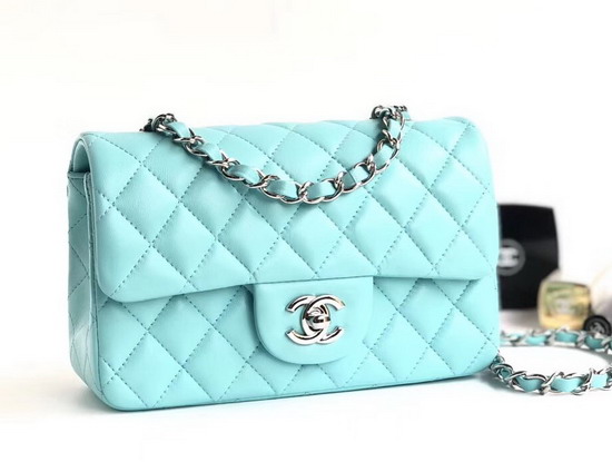 Chanel Small Flap Bag Light Blue Lambskin Silver Tone Metal A01113