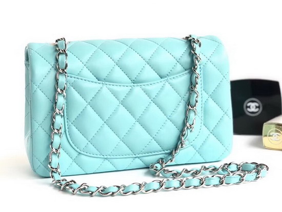 Chanel Small Flap Bag Light Blue Lambskin Silver Tone Metal A01113