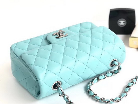 Chanel Small Flap Bag Light Blue Lambskin Silver Tone Metal A01113