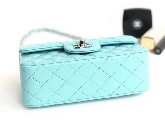 Chanel Small Flap Bag Light Blue Lambskin Silver Tone Metal A01113