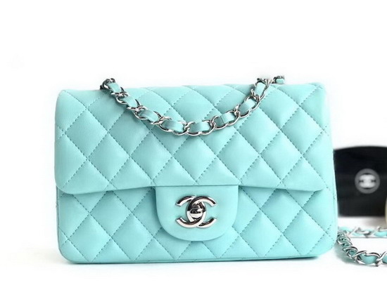 Chanel Small Flap Bag Light Blue Lambskin Silver Tone Metal A01113