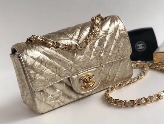 Chanel Small Flap Bag Patent Metallic Crumpled Calfskin Light Gold Tone Metal