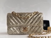 Chanel Small Flap Bag Patent Metallic Crumpled Calfskin Light Gold Tone Metal