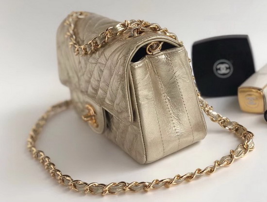 Chanel Small Flap Bag Patent Metallic Crumpled Calfskin Light Gold Tone Metal