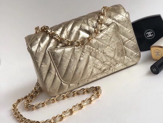 Chanel Small Flap Bag Patent Metallic Crumpled Calfskin Light Gold Tone Metal