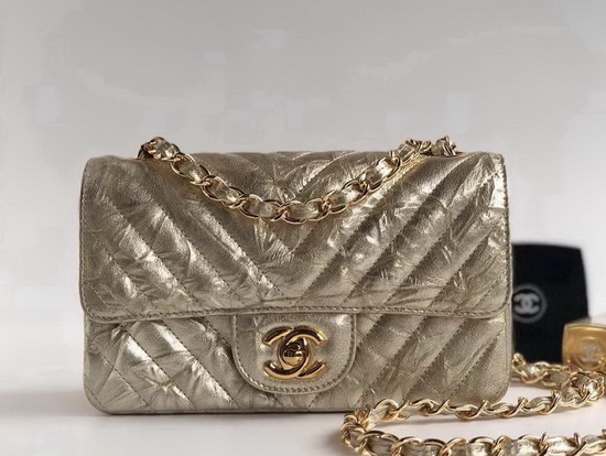 Chanel Small Flap Bag Patent Metallic Crumpled Calfskin Light Gold Tone Metal