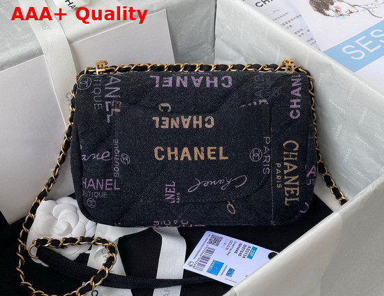 Chanel Small Flap Bag Printed Denim Gold Tone Metal Black Multicolor Ref AS3134 Replica