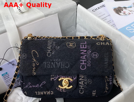 Chanel Small Flap Bag Printed Denim Gold Tone Metal Black Multicolor Ref AS3134 Replica