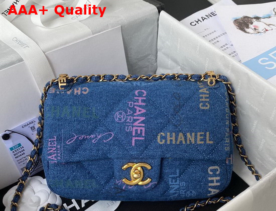 Chanel Small Flap Bag Printed Denim Gold Tone Metal Blue Multicolor Ref AS3134 Replica