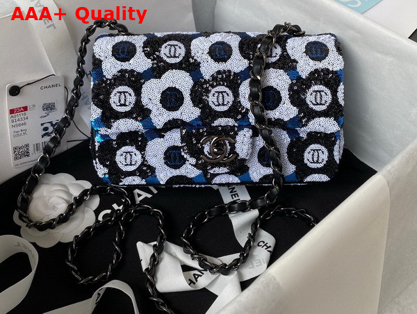 Chanel Small Flap Bag Sequins Ruthenium Finish Metal Black White and Blue AS4418 Replica