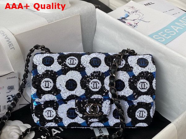 Chanel Small Flap Bag Sequins Ruthenium Finish Metal Black White and Blue AS4418 Replica