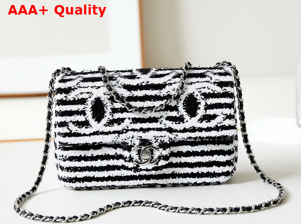 Chanel Small Flap Bag Sequins and Silver Tone Metal Black and White AS4561 Replica