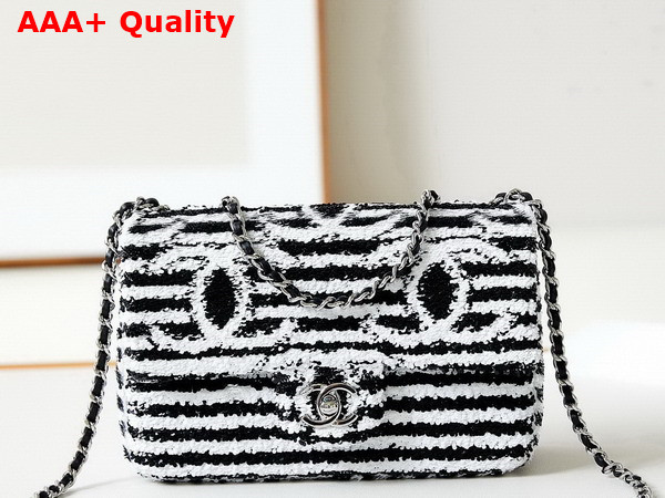 Chanel Small Flap Bag Sequins and Silver Tone Metal Black and White AS4561 Replica