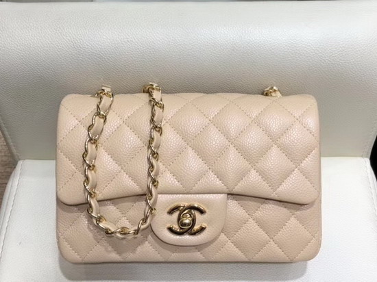 Chanel Small Flap Bag in Beige Grained Calfskin with Gold Tone Metal