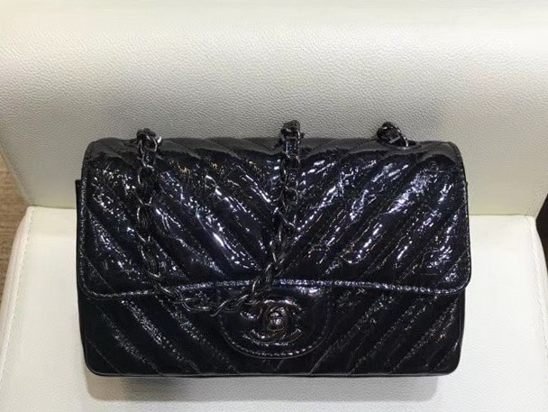 Chanel Small Flap Bag in Black Patent Crumpled Calfskin