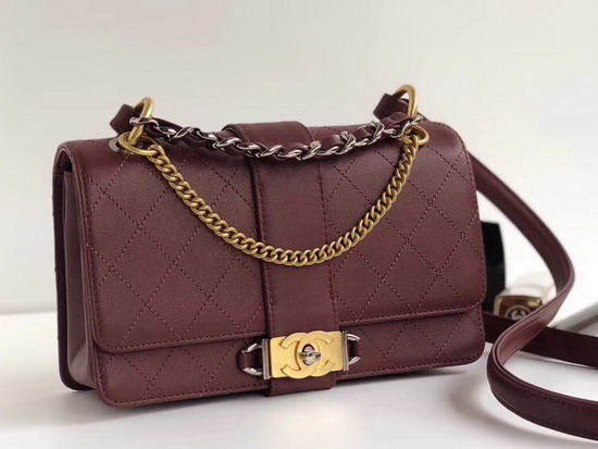 Chanel Small Flap Bag in Burgundy Calfskin Ruthenium Finish and Gold Tone Metal