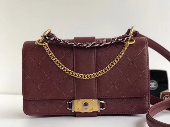 Chanel Small Flap Bag in Burgundy Calfskin Ruthenium Finish and Gold Tone Metal