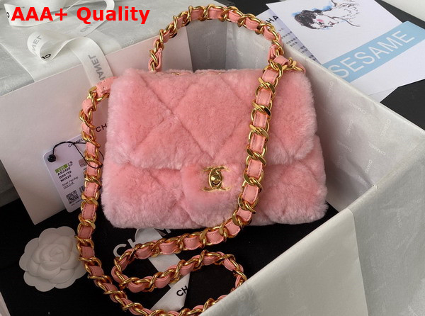 Chanel Small Flap Bag in Light Pink Shearling Gold Tone Metal Replica