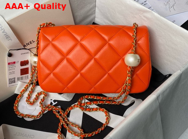 Chanel Small Flap Bag in Orange Lambskin Imitation Pearls Gold Tone Metal As4861 Replica