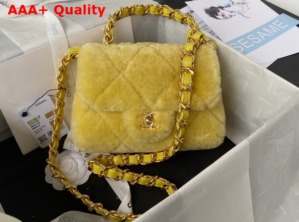 Chanel Small Flap Bag in Yellow Shearling Gold Tone Metal Replica