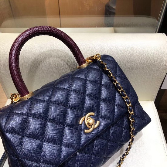 Chanel Small Flap Bag with Lizard Top Handle Blue Grained Calfskin