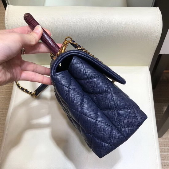 Chanel Small Flap Bag with Lizard Top Handle Blue Grained Calfskin