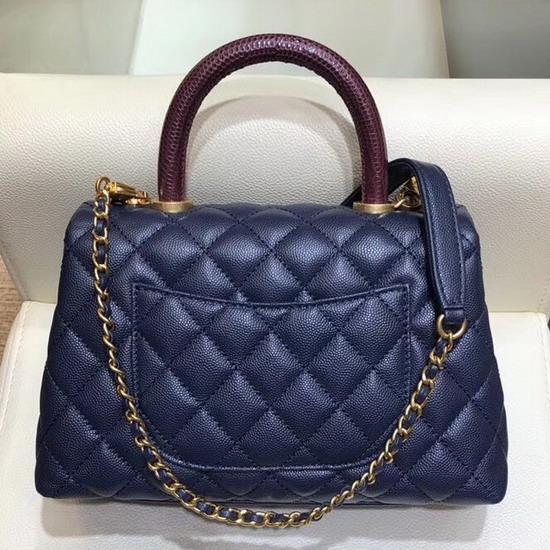 Chanel Small Flap Bag with Lizard Top Handle Blue Grained Calfskin