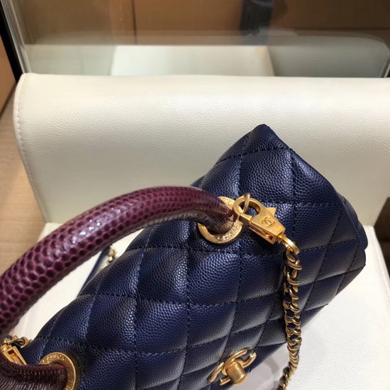 Chanel Small Flap Bag with Lizard Top Handle Blue Grained Calfskin