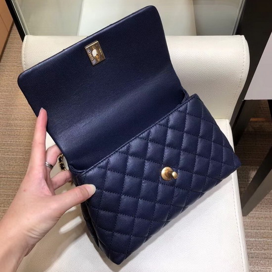 Chanel Small Flap Bag with Lizard Top Handle Blue Grained Calfskin