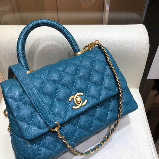 Chanel Small Flap Bag with Lizard Top Handle Ocean Blue Grained Calfskin