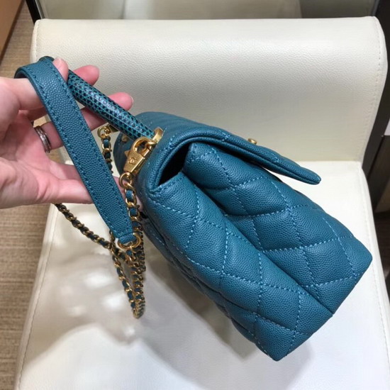 Chanel Small Flap Bag with Lizard Top Handle Ocean Blue Grained Calfskin