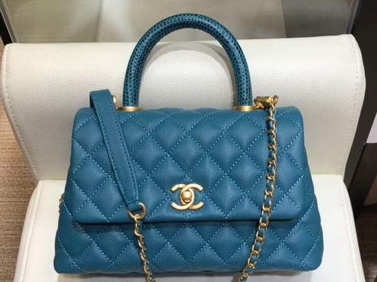 Chanel Small Flap Bag with Lizard Top Handle Ocean Blue Grained Calfskin