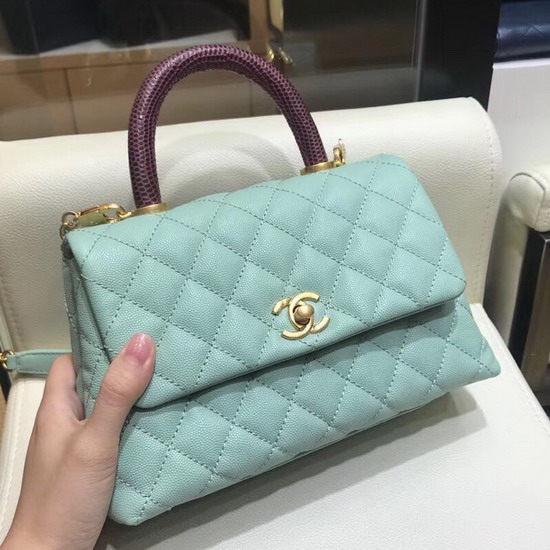 Chanel Small Flap Bag with Lizard Top Handle Turquoise Grained Calfskin