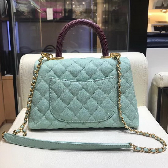 Chanel Small Flap Bag with Lizard Top Handle Turquoise Grained Calfskin