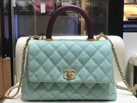 Chanel Small Flap Bag with Lizard Top Handle Turquoise Grained Calfskin