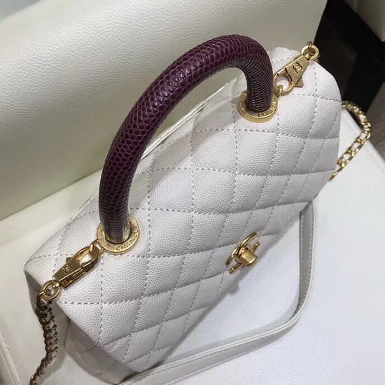 Chanel Small Flap Bag with Lizard Top Handle White Grained Calfskin