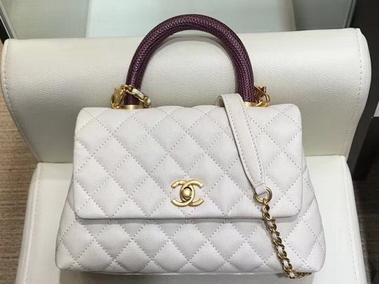 Chanel Small Flap Bag with Lizard Top Handle White Grained Calfskin