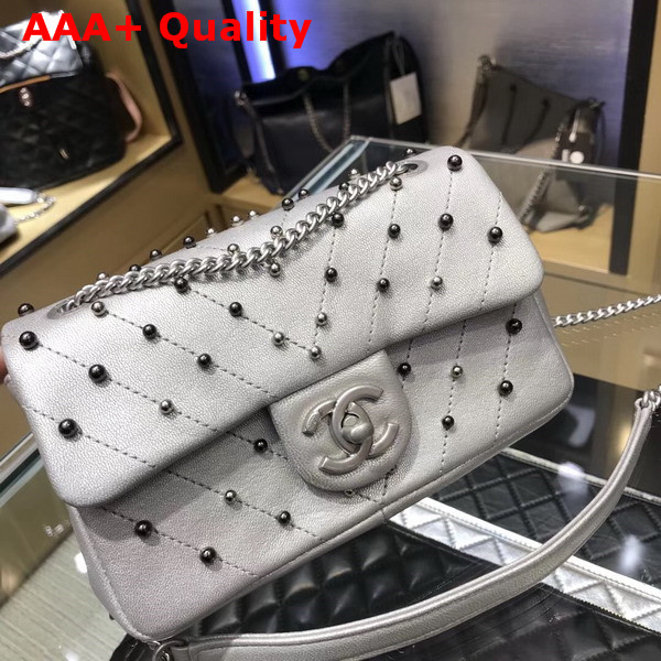 Chanel Small Flap Bag with Studs Silver Lambskin Replica