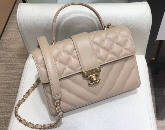 Chanel Small Flap Bag with Top Handle Beige Quilted and Chevron Calfskin and Gold Tone Metal AS0804