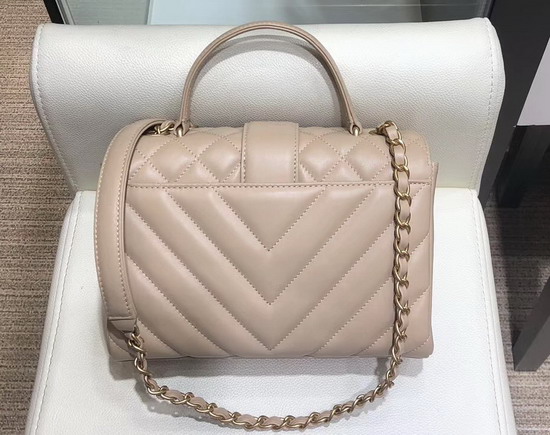 Chanel Small Flap Bag with Top Handle Beige Quilted and Chevron Calfskin and Gold Tone Metal AS0804