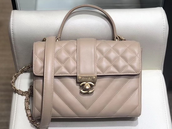 Chanel Small Flap Bag with Top Handle Beige Quilted and Chevron Calfskin and Gold Tone Metal AS0804