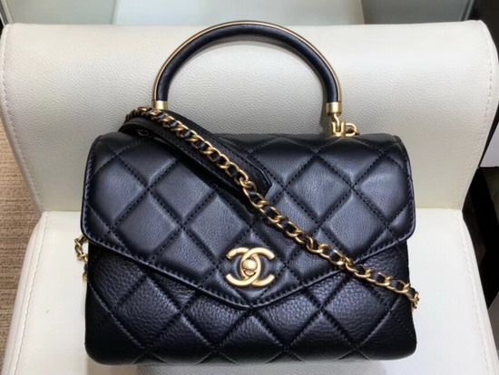 Chanel Small Flap Bag with Top Handle Black Calfskin Gold Tone Metal AS0625