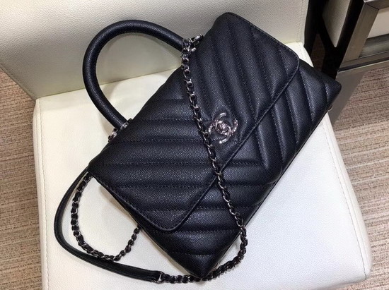 Chanel Small Flap Bag with Top Handle Black Chevron Grained Calfskin