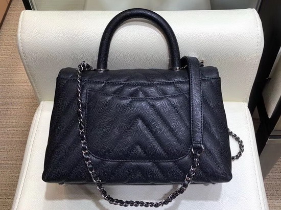 Chanel Small Flap Bag with Top Handle Black Chevron Grained Calfskin